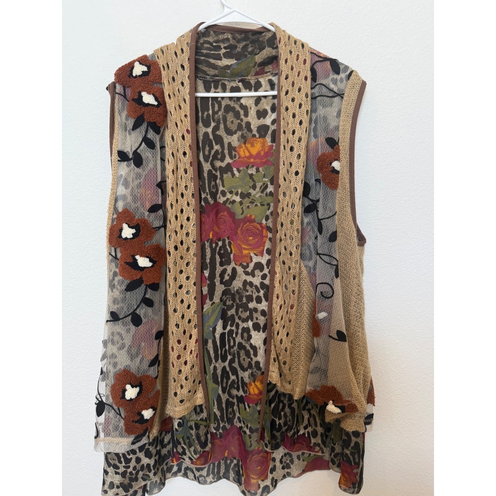 Ania A Floral Leopard Print Open Front Vest Cardigan L Wool Mohair Artsy